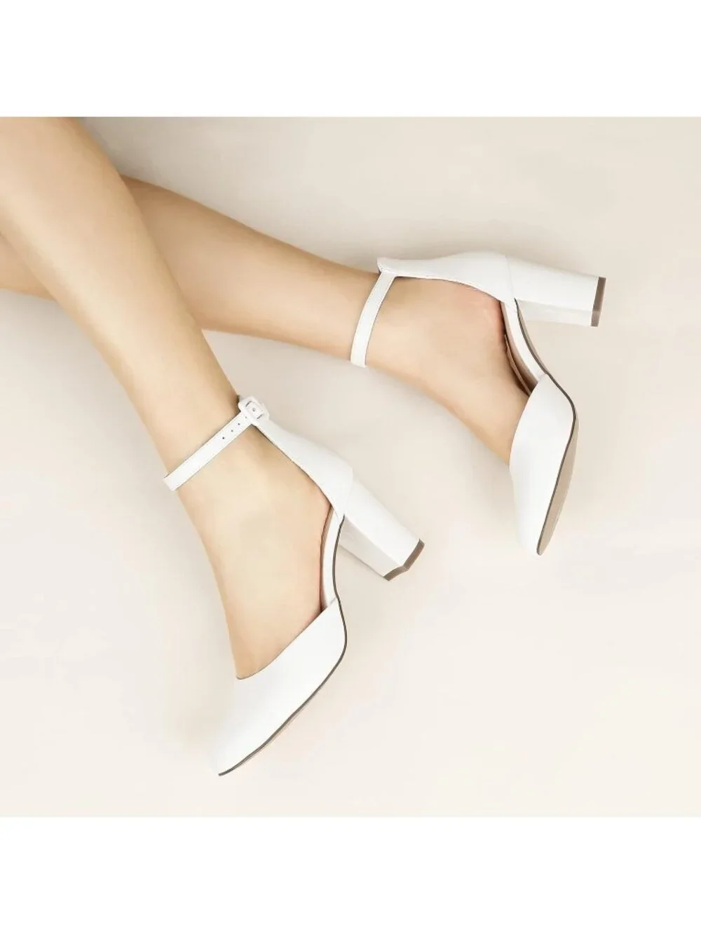 Women's White Closed Round Toe Chunky Block Heels Adjustable Ankle Strap Pumps
